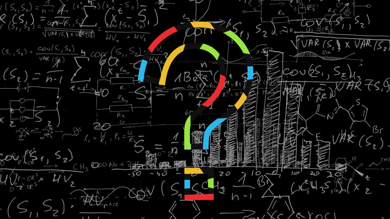 Animation of question mark and mathematical equations on black background