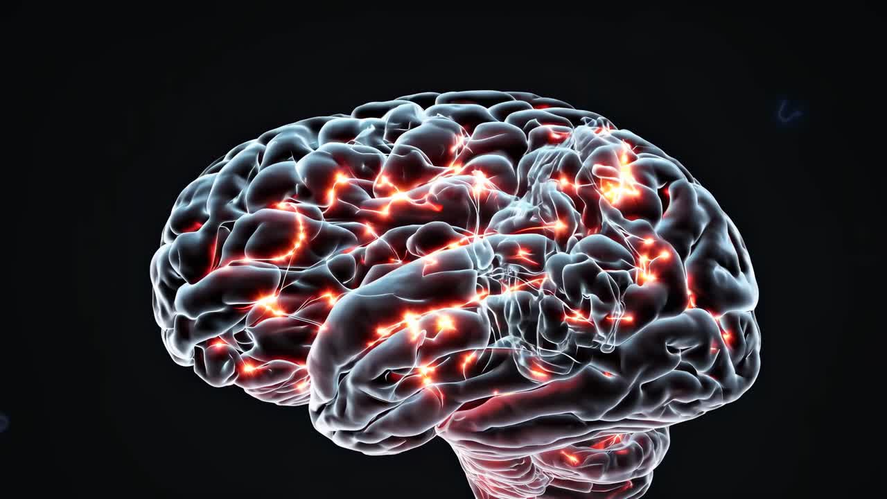 A dynamic video of a glowing brain with neural connections, captured from a front angle