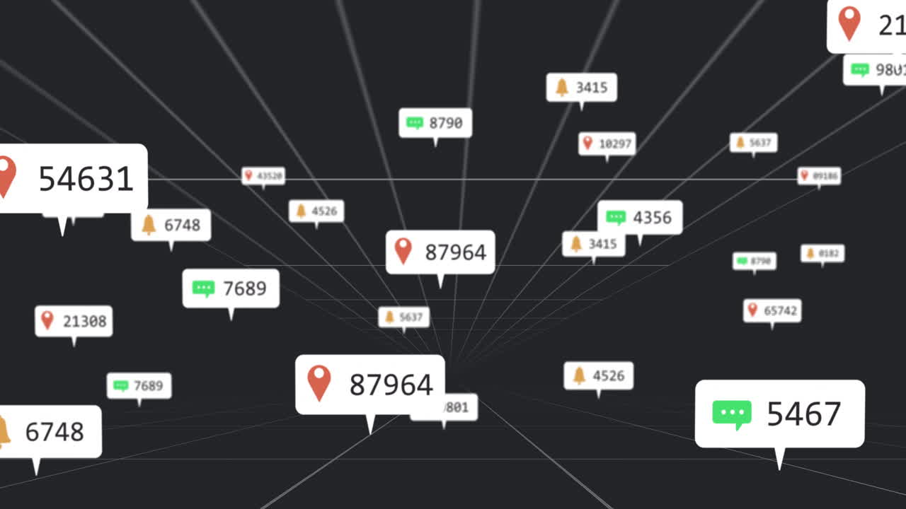 Data points and notifications floating in digital network with animation elements