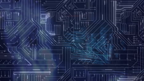 animación de rastros de luz sobre conexiones de microprocesador contra un fondo azul