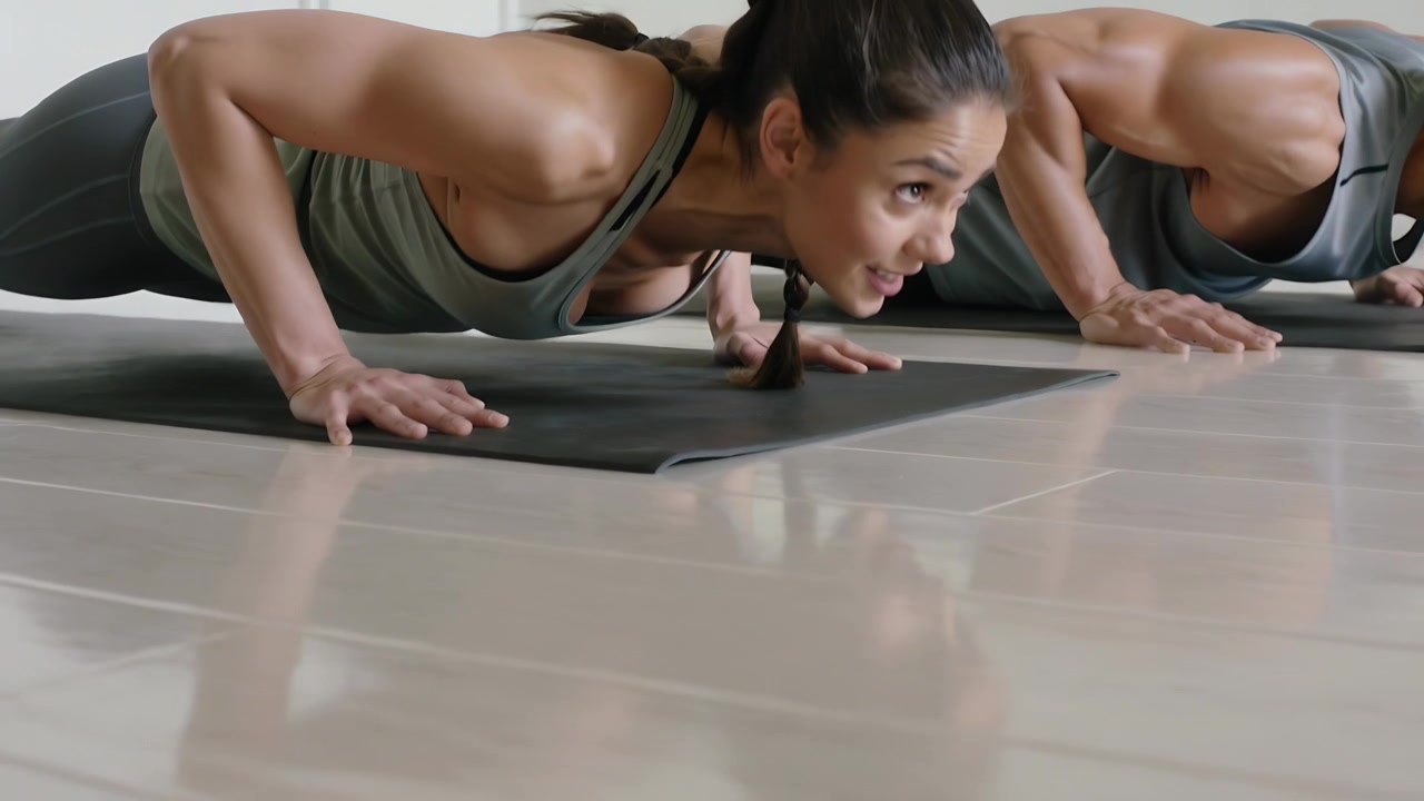 Donna e uomo che eseguono flessioni per la forza, scendendo dalla posizione di plank, in uno studio, con magliette grigie, tappetini e pavimento.