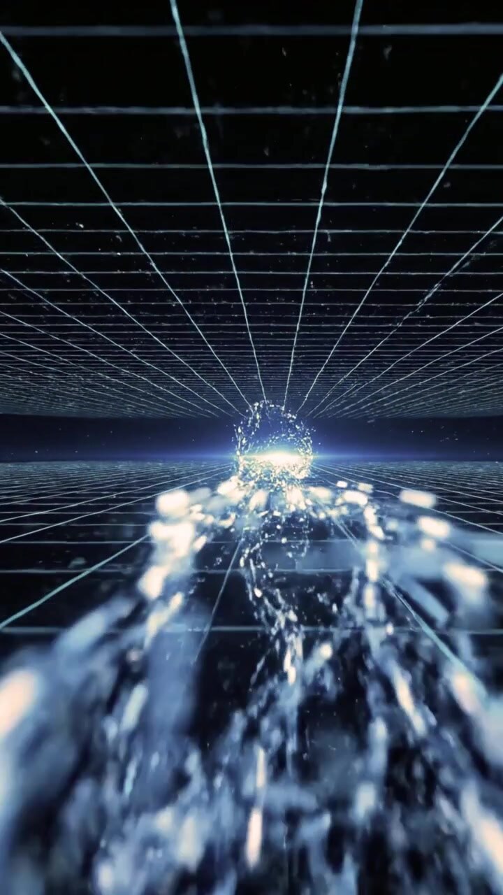 Abstract Digital Grid Tunnel with Glowing Particles and Light Streaks