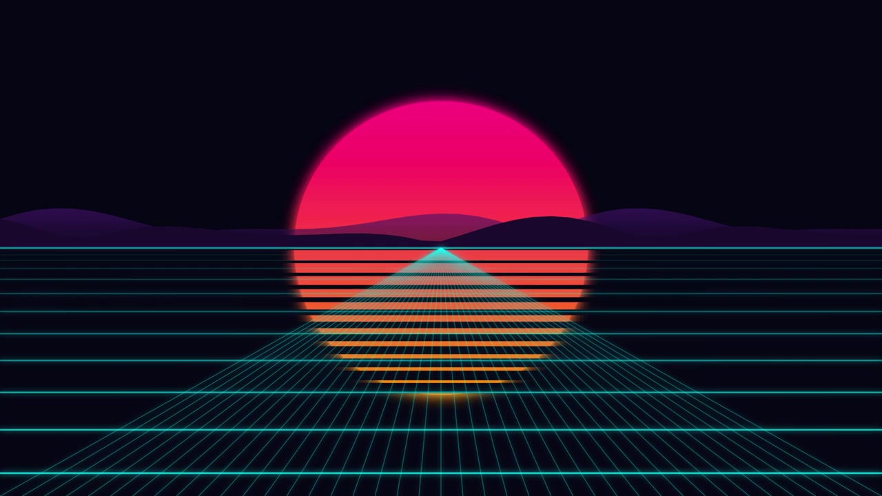Retro Synthwave Style Digital Landscape with Glowing Sun