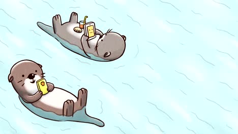 animación de dos nutrias flotando en el agua mientras revisan el teléfono