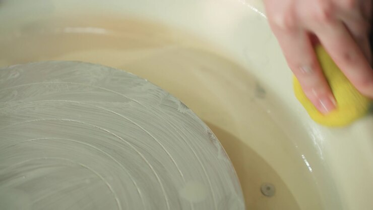 Sponge cleaning spinning clay wheel, closeup of hands leveling wet clay on wheel rim in pottery workshop, soft studio light, meditative preparation by potter, visible texture and water, intimate craft
