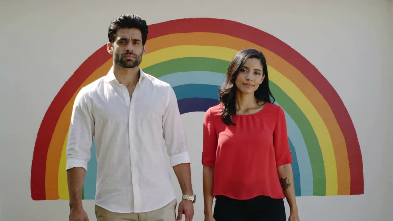 Pair stepping to cam causing zoom, pausing before rainbow mural, showing watch tattoo for brand