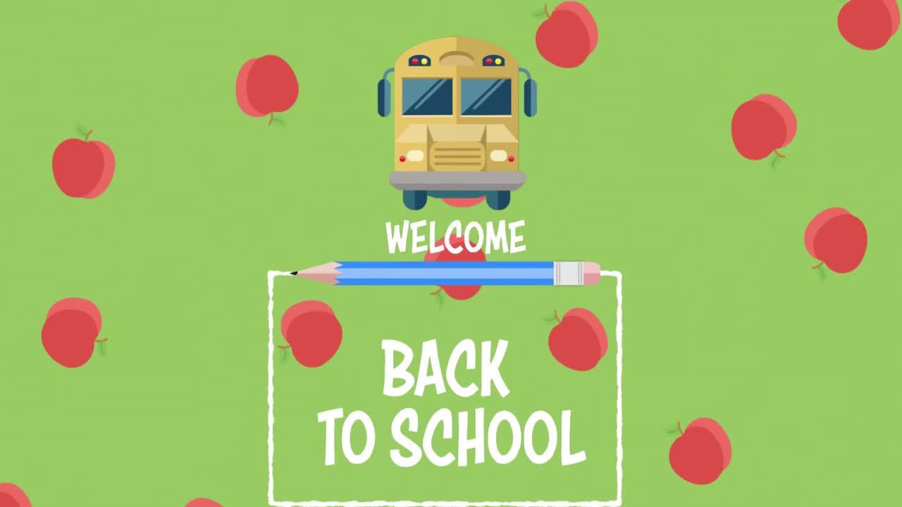 애플 아이콘이 초록색 배경의 학교 텍스트에 환영을 표시하고 있습니다.