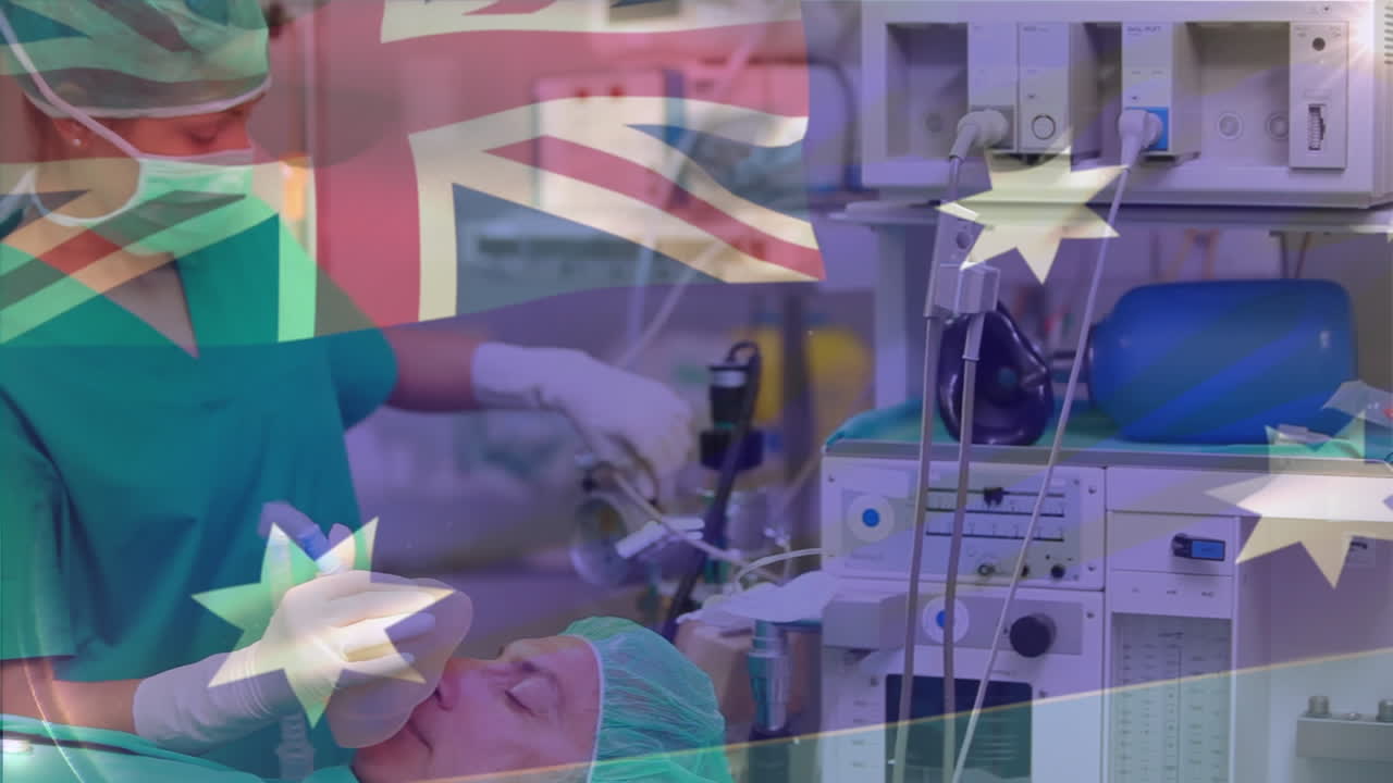 다양한 의사들이 수술실에서 환자에게 수술을 하는 오스트레일리아 발의 애니메이션