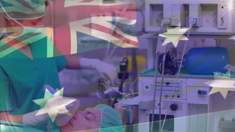 animation of australian flag over diverse doctors performing surgery on patient in operation room