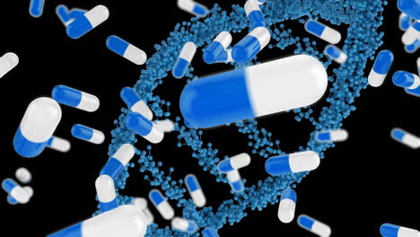 animación de pastillas sobre una cadena de adn sobre un fondo negro