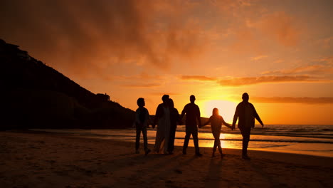 sunset, walking and silhouette of family