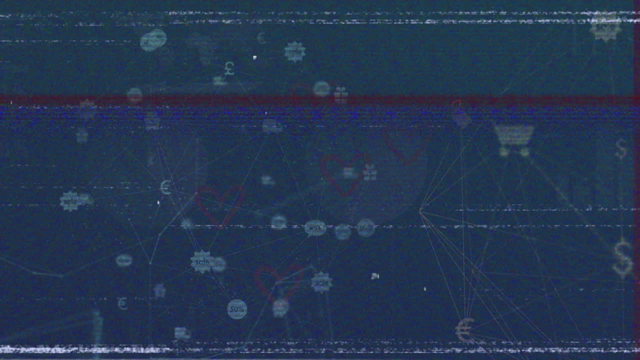 Animation von Verbindungen, Glitch und Icons auf dunkelblauem Raum