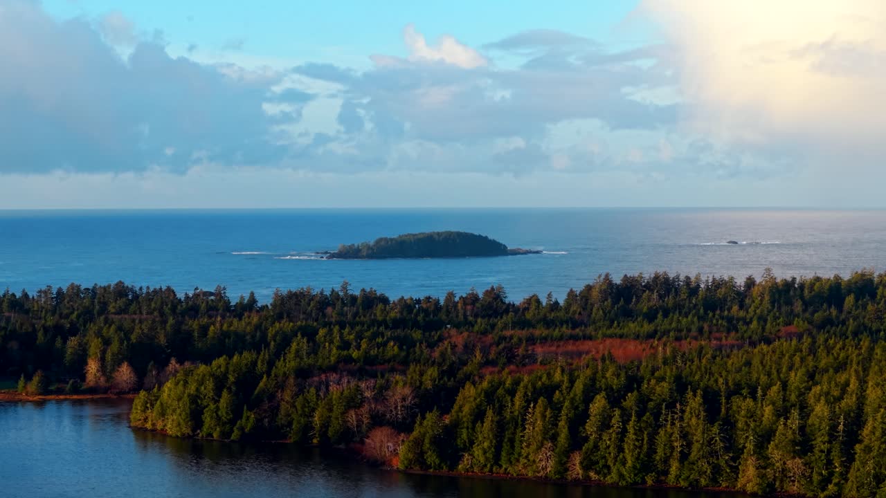 밴쿠버 섬에 있는 토피노의 드론 촬영은 가을의 색, 거친 해안선, 그리고 바다의 파도를 풍경적인 공중 전망으로 보여줍니다.