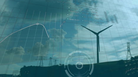 animation of stock market and diagrams over wind turbine