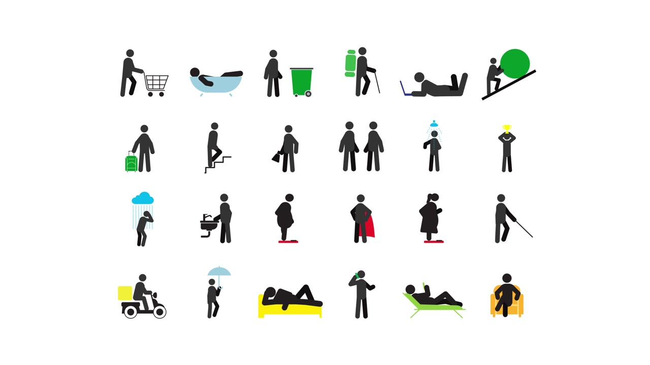 Icônes pictogrammes animées de personnes effectuant diverses activités quotidiennes