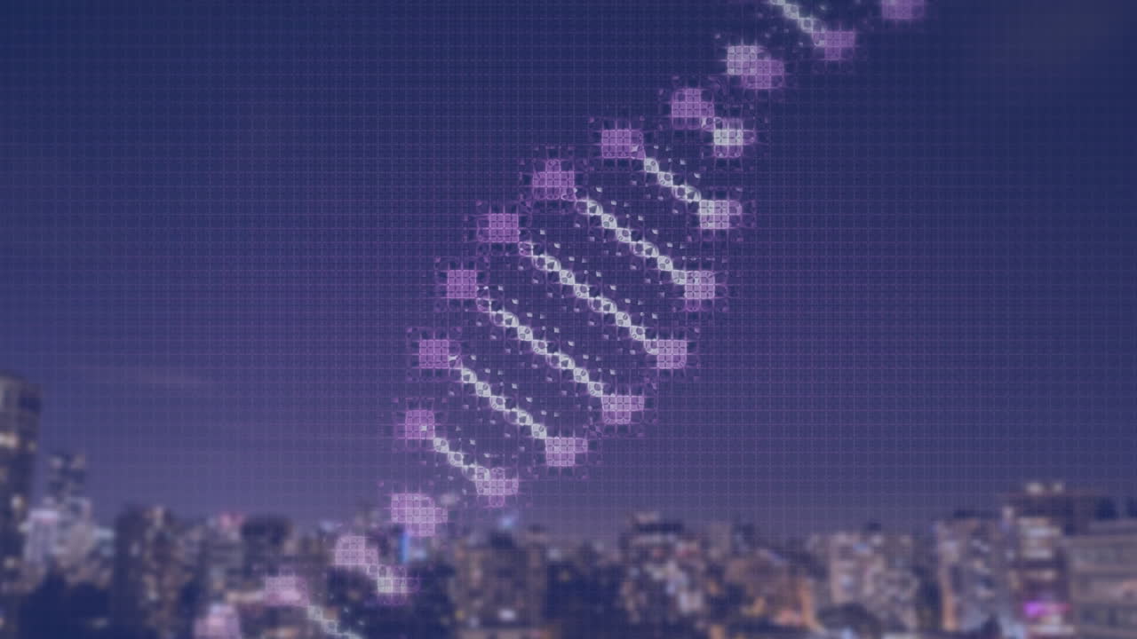 도시 풍경 위의 dna 가닥의 애니메이션