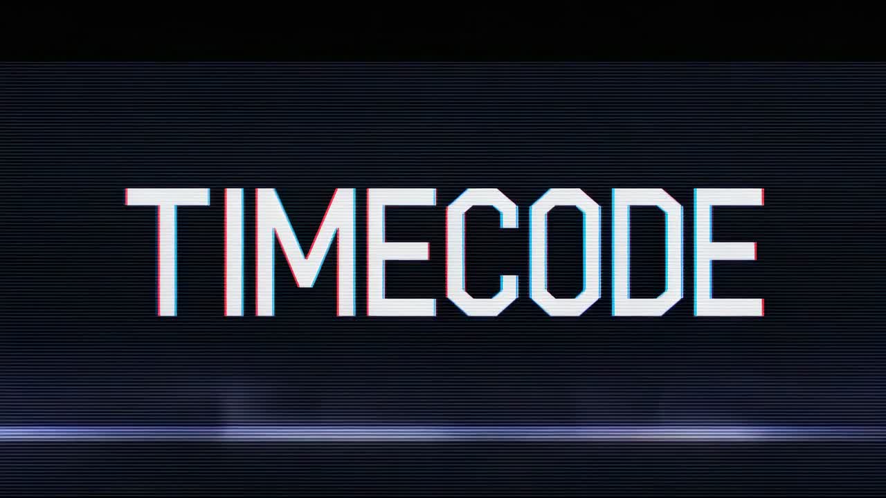 CRT screen displaying white TIMECODE text, glitch scanline drifting upward to reset effect