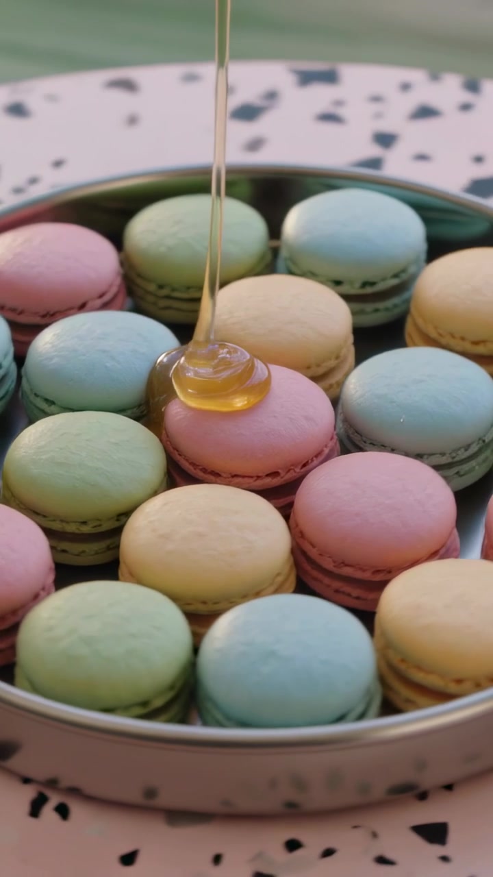Vertical video: Pouring dropper releasing droplet forming honey mound glazing pink macaron in tin