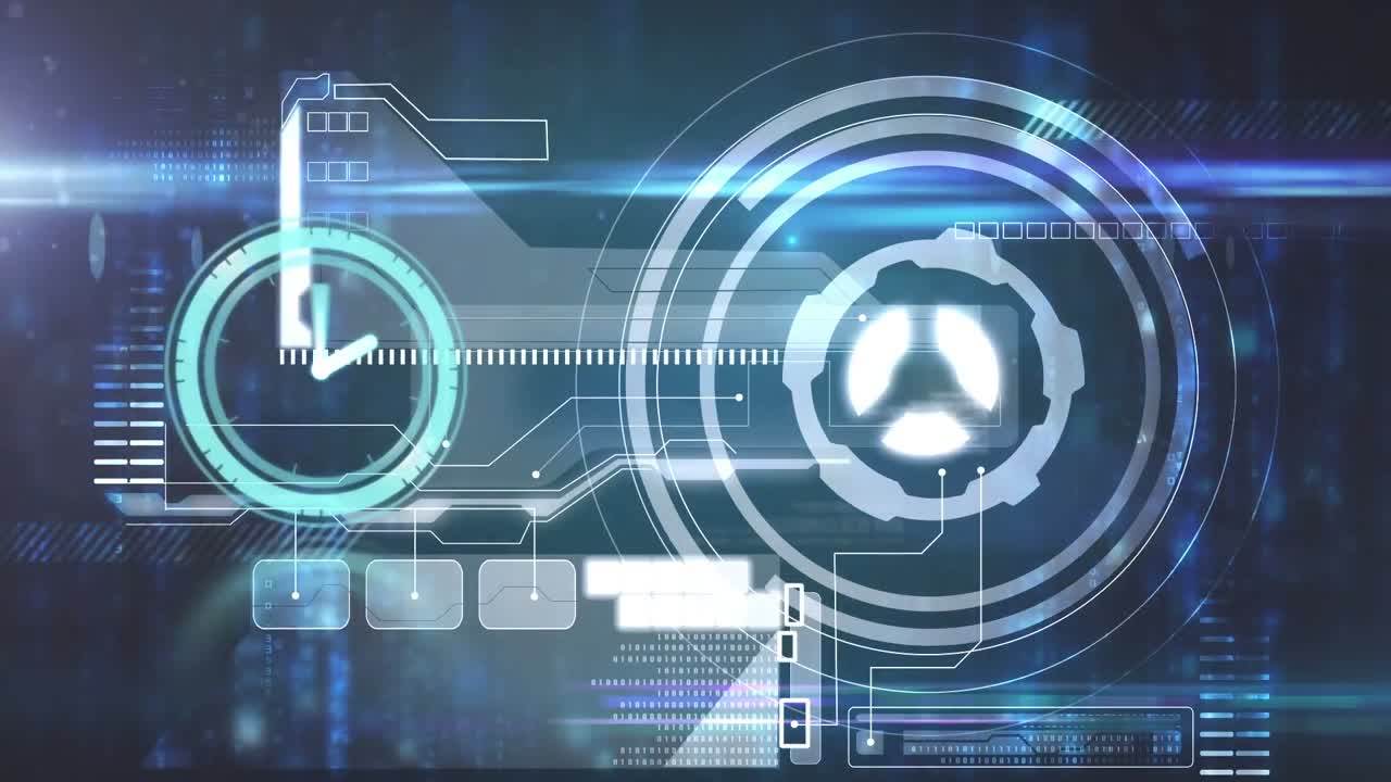 Animation of clock moving over data processing on black background