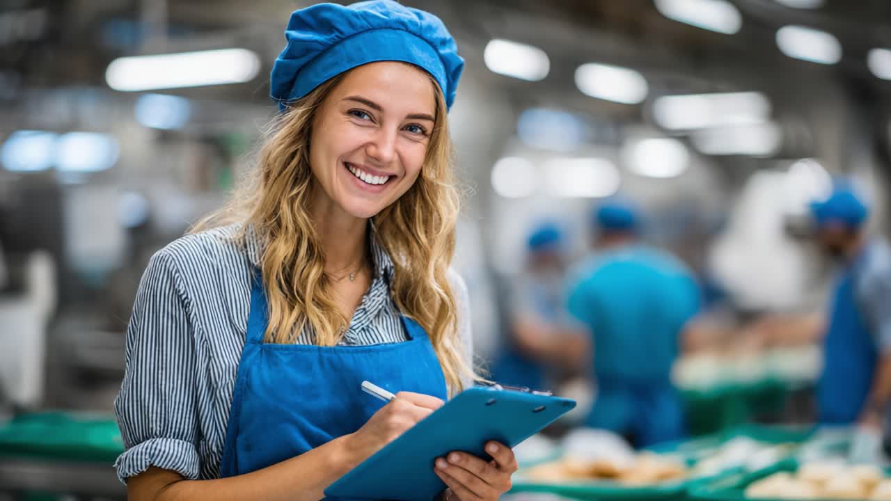 Una donna sorridente che indossa un cappello e un'uniforme da chef blu tiene in mano un blocco appunti, mettendo in mostra il suo atteggiamento allegro e il suo coinvolgimento in un vivace ambiente di produzione. La sua attenzione riflette il lavoro di team e l'ospitalità