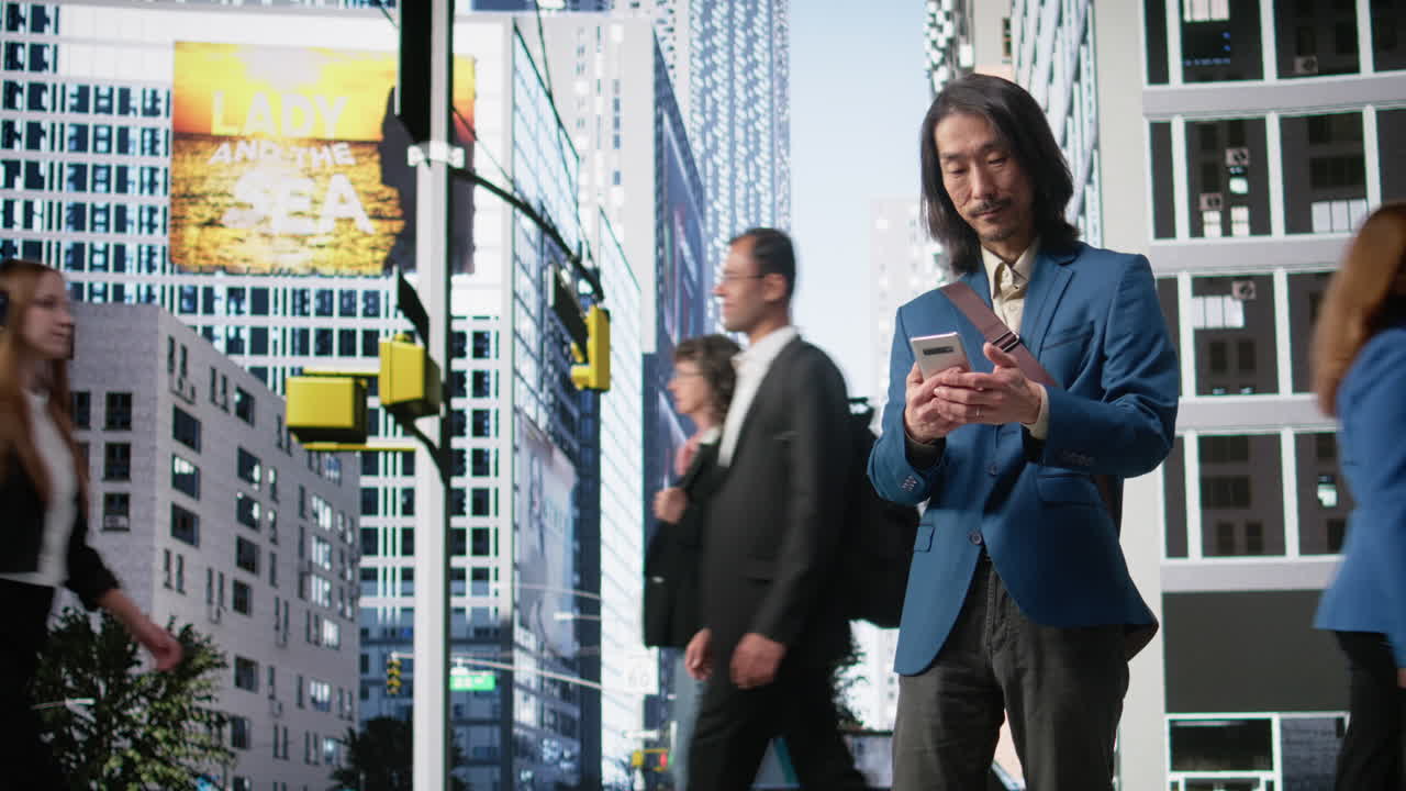 Asian modern professional browsing his smartphone apps in the street