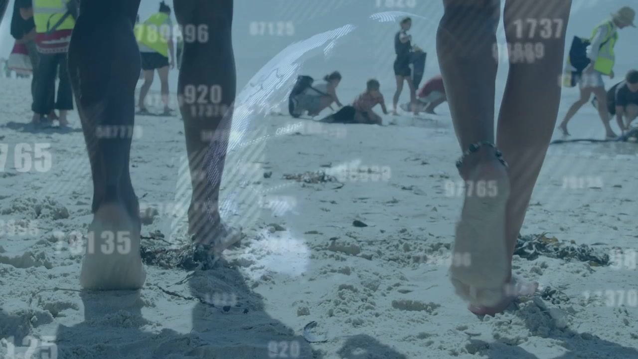 Front duo walking barefoot toward shore after seeing activity, drifting tech globe overlaying scene