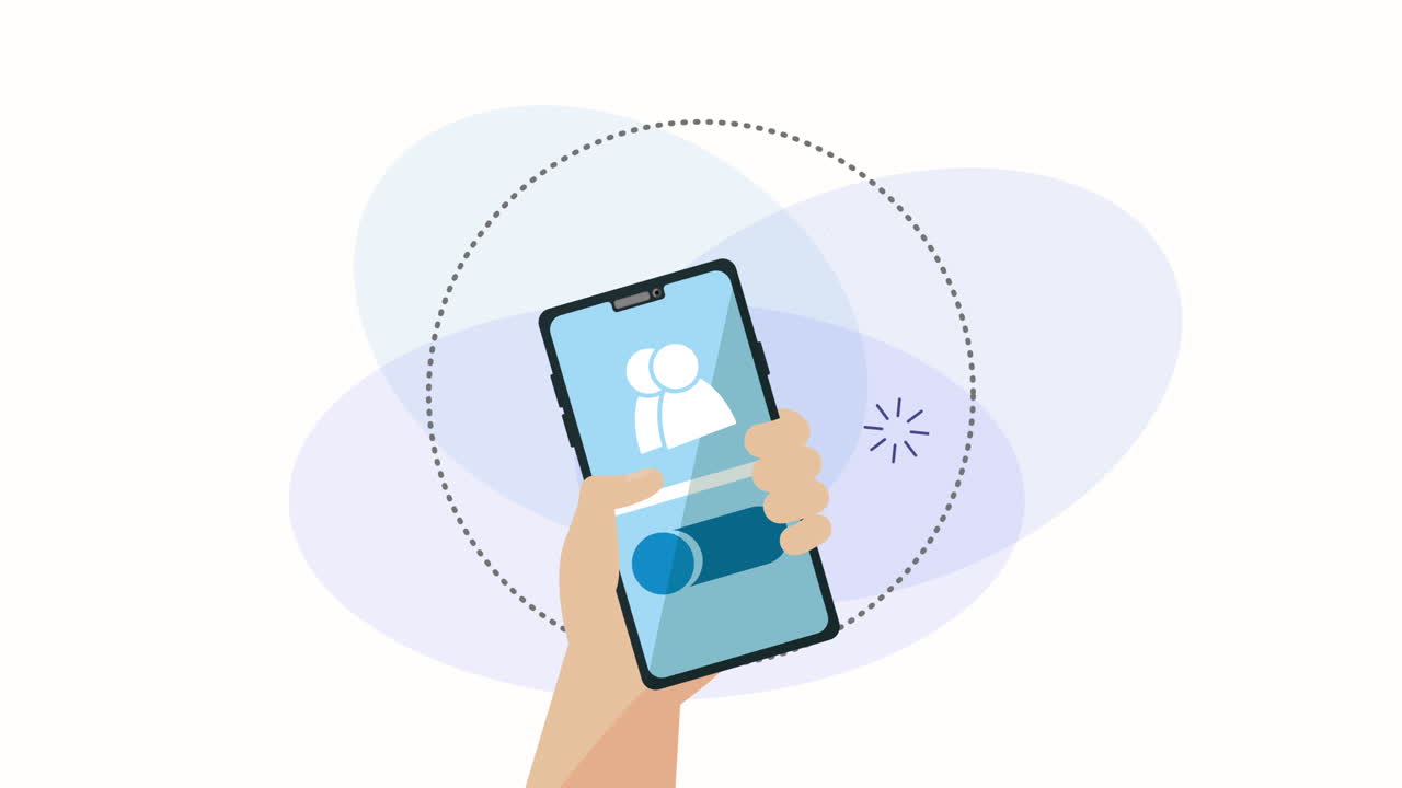 소셜 미디어 마케팅 애니메이션과 함께 스마트폰을 사용하는 손