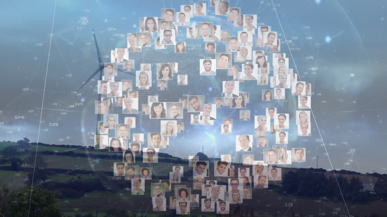 Headshot portraits orbiting rural hills, visualizing digital wind energy network with numeric data