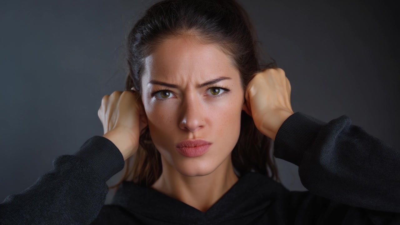 Seorang wanita mengekspresikan frustrasi dan ketidaknyamanan dengan menutupi telinganya, menampilkan emosi dan reaksi intens terhadap rangsangan yang berlebihan dalam suasana gelap.