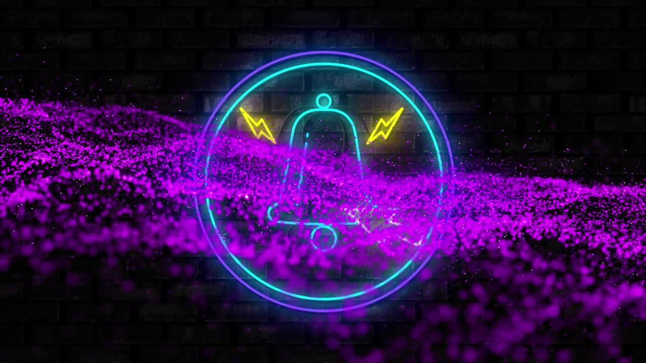 animación del icono de la campana de notificación de neón y la onda digital púrpura contra el fondo de la pared de ladrillo