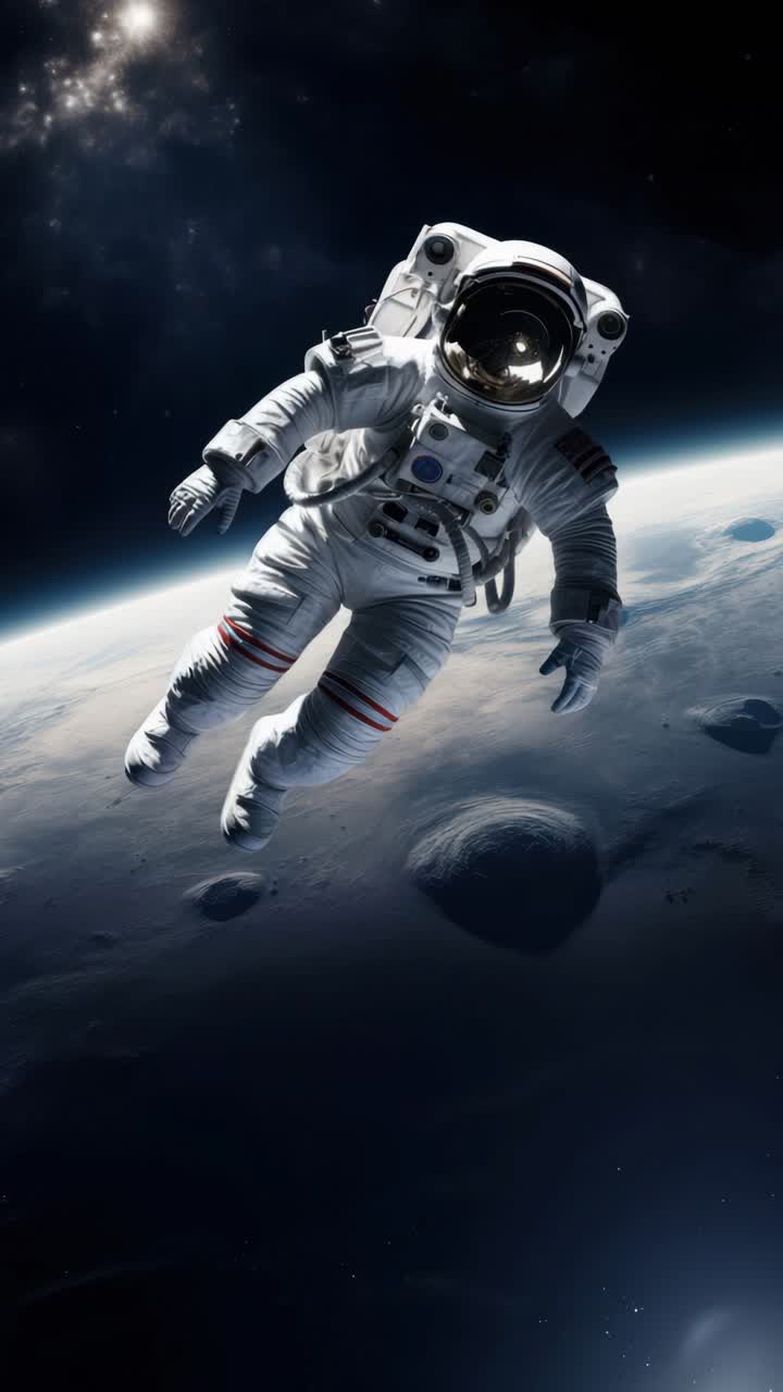 A dramatic low-angle shot of an astronaut floating above Earth, capturing the vastness of space