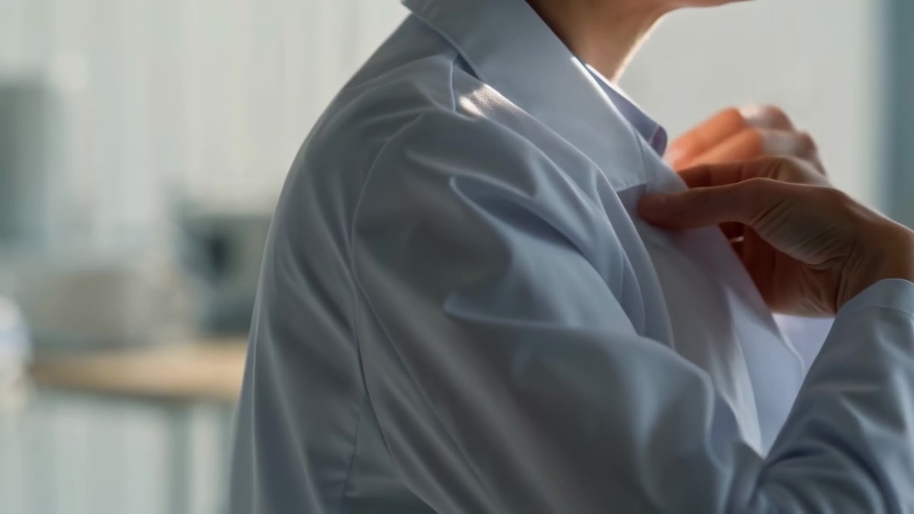 Gesto di vestizione da ufficio in primo piano con la giacca sollevata sopra la camicia abbottonata, mani che aggiustano il colletto, pieghe del tessuto e linea della spalla che creano un aspetto professionale e curato in una luce diurna soffusa