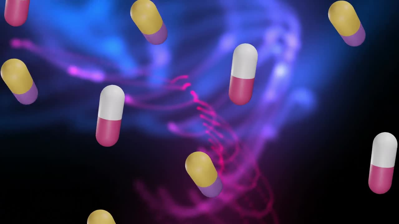 검은색 배경에 떠다니는 알약과 모양의 애니메이션