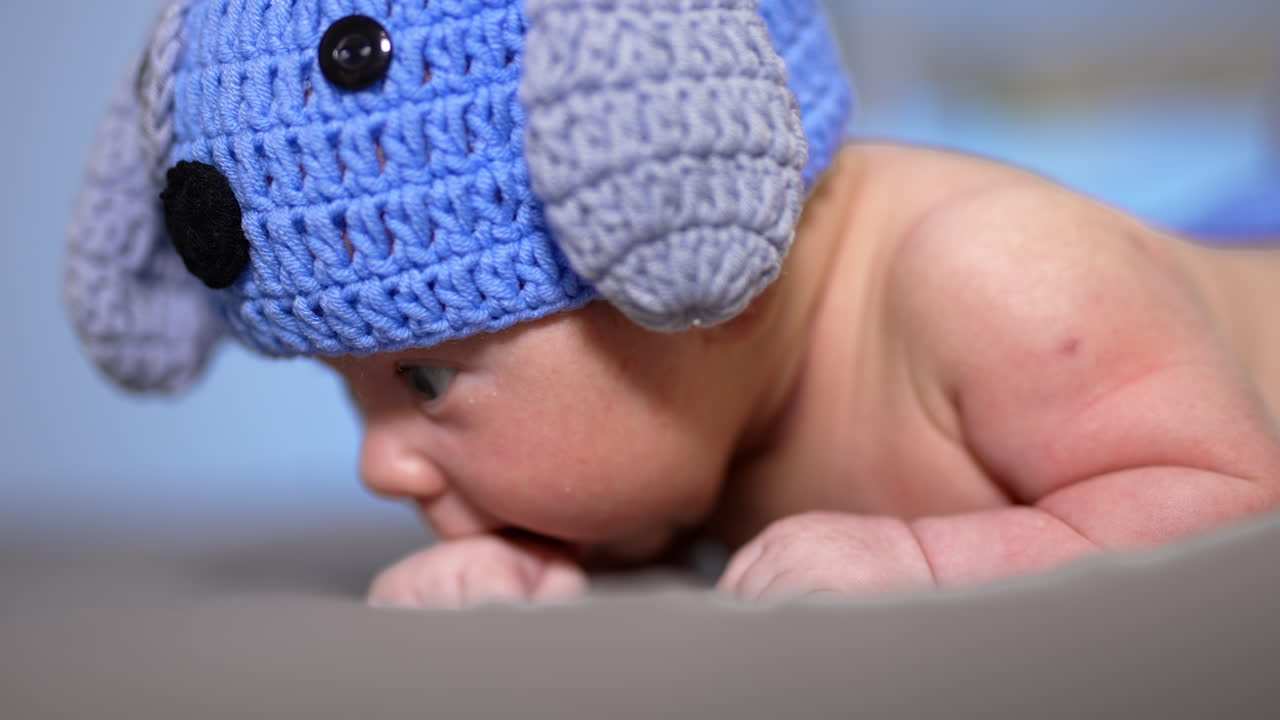 Sweet infant baby in funny doggy hat lying face down on the bad. Little kid trying to hold head up. Close up.