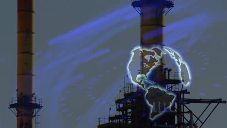 industrial structure with digital globe and data processing animation overlay