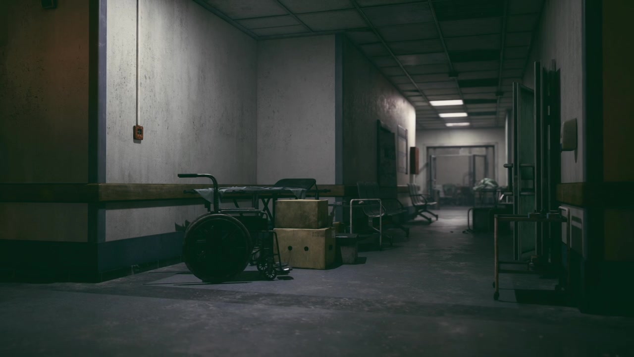 Silent desolate hospital corridor bathed in green light and tense atmosphere