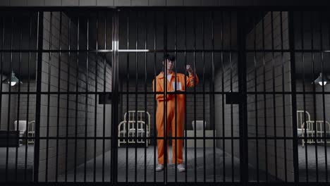 full body of asian male prisoner standing in prison, smiling, showing the handcuffs and pointing to them