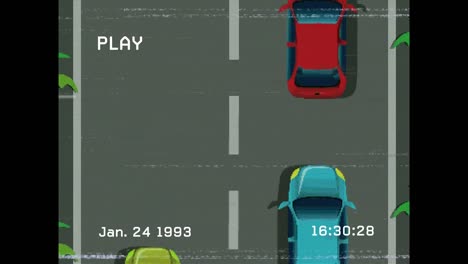 animación de la interfaz digital de juego sobre la pantalla con el juego de carreras de coches en el fondo