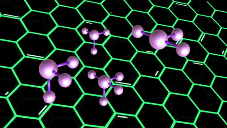 molecular structures animation over glowing green hexagonal grid