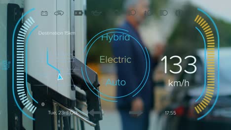 animation of hybrid car driver interface screen over caucasian man and car at charging station