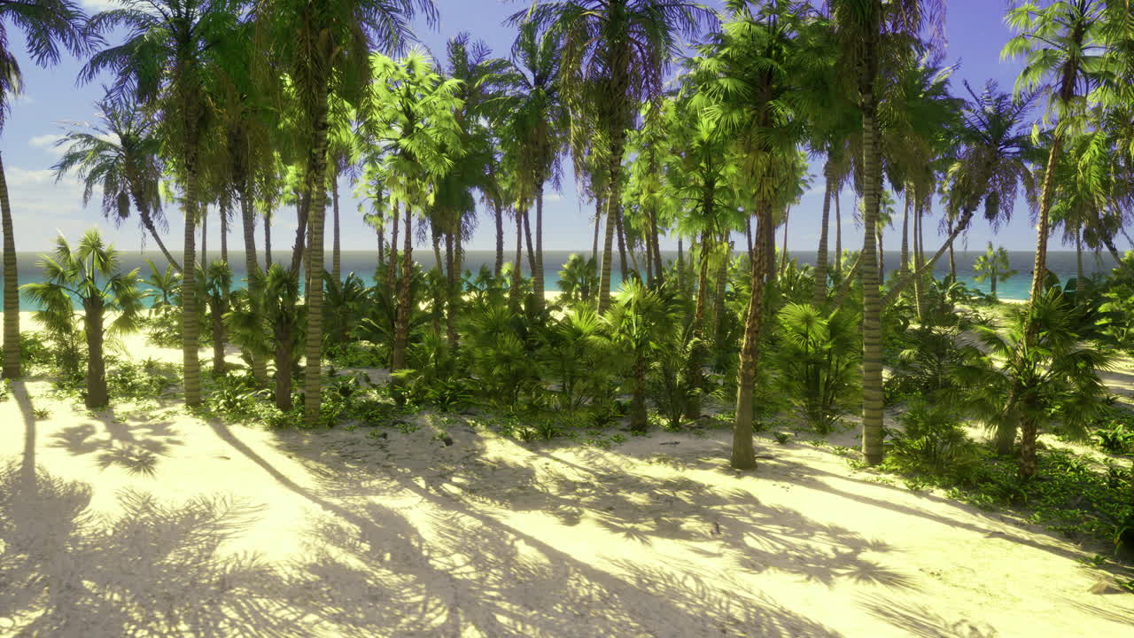 paisaje de playa tropical con palmeras y vegetación exuberante a la luz del día