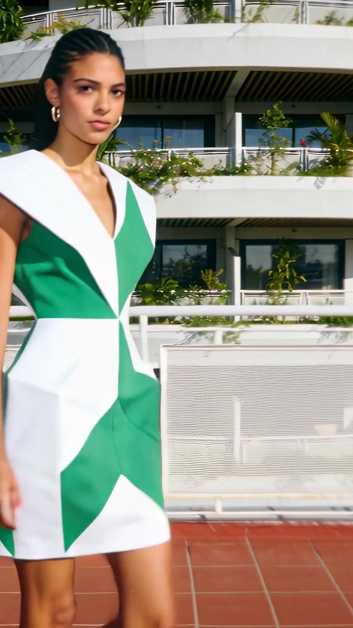 Video vertical: Mujer caminando desde el borde izquierdo a lo largo de un tejado, mostrando vestido y aros, con espacio para texto.
