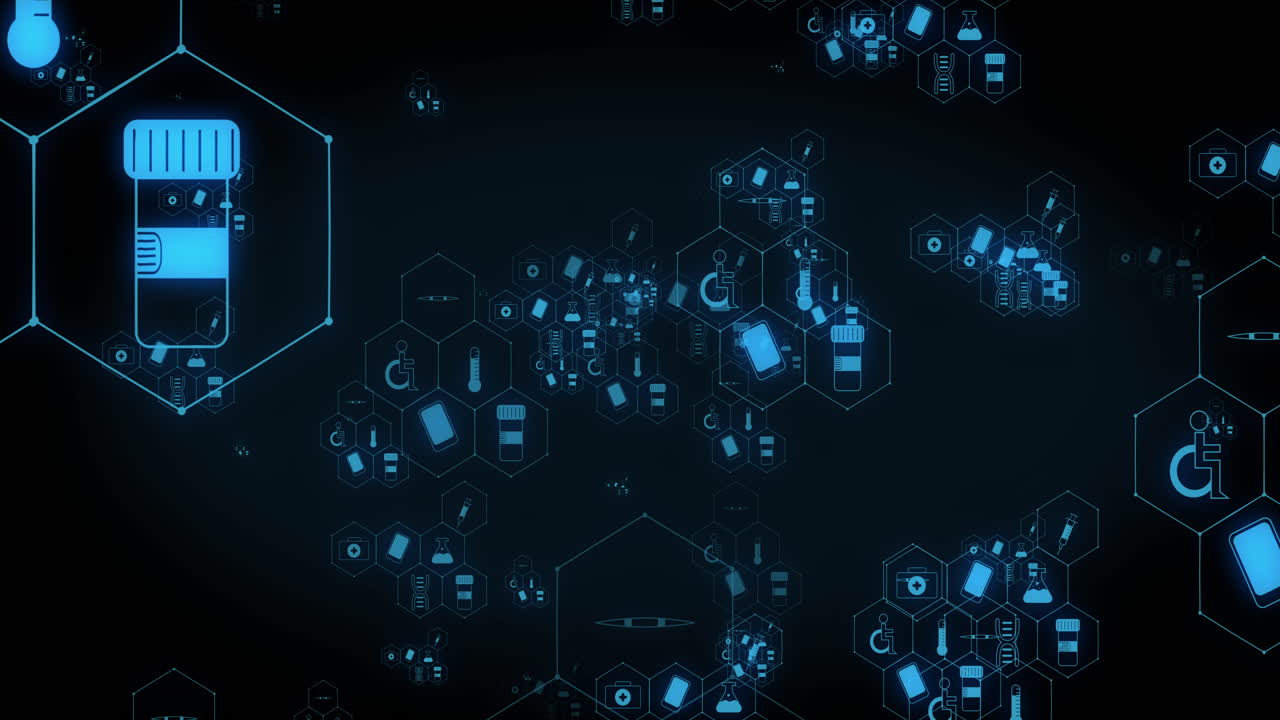 Animation of blue medication and eye icons over network of medical icons on black background