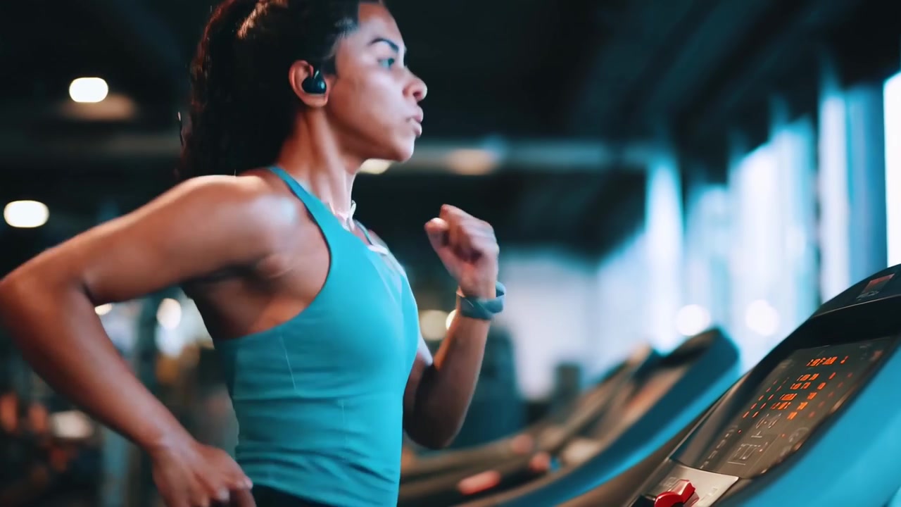 Jovem mulher correndo na esteira em academia moderna
