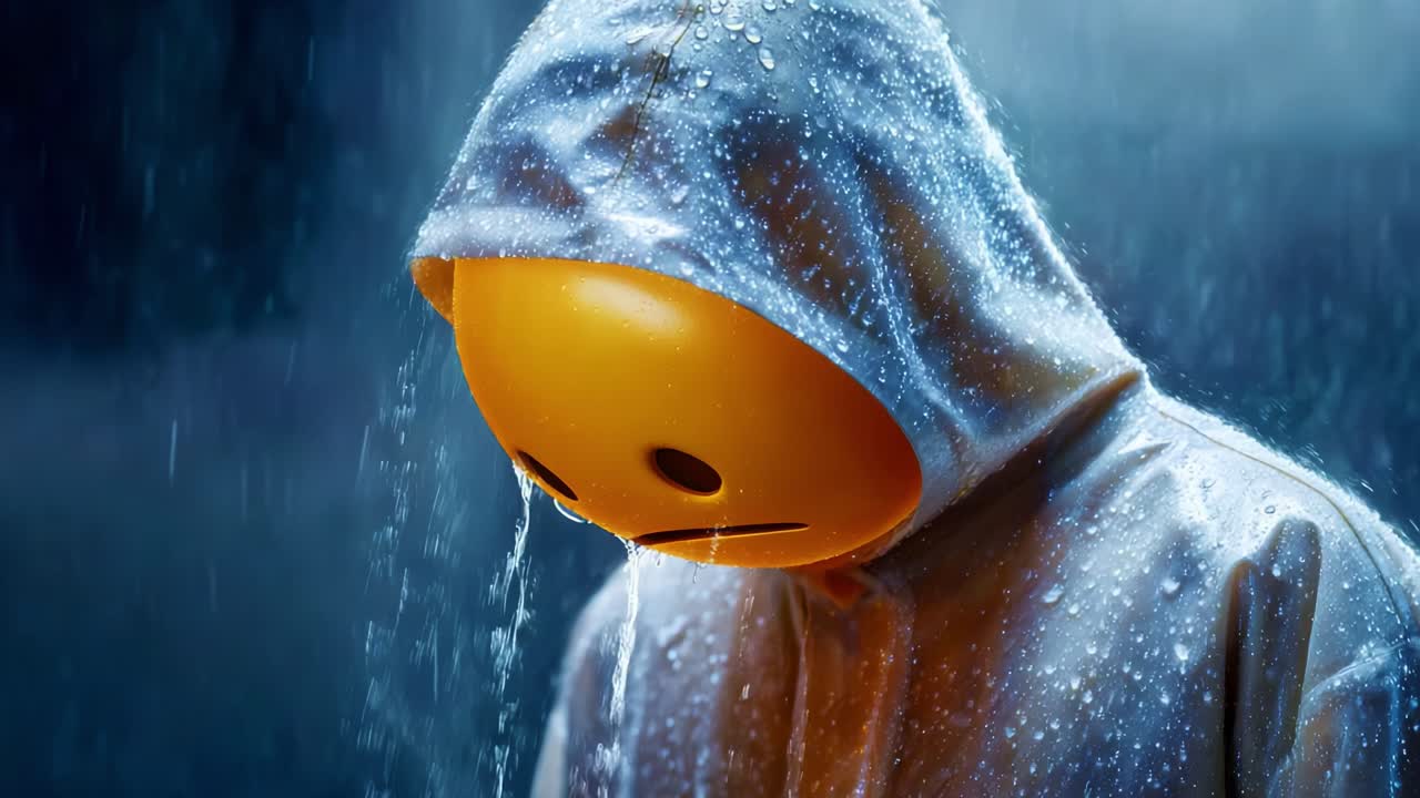 A contemplative figure draped in a rain-soaked hooded garment, captured in a moment of reflection, with raindrops glistening upon the surface, evoking emotions of solitude and contemplation
