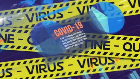 covid-19 text and yellow police tapes with quarantine and virus text and statistical data processing