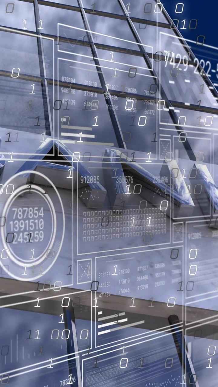 Animation of financial data processing over bank building