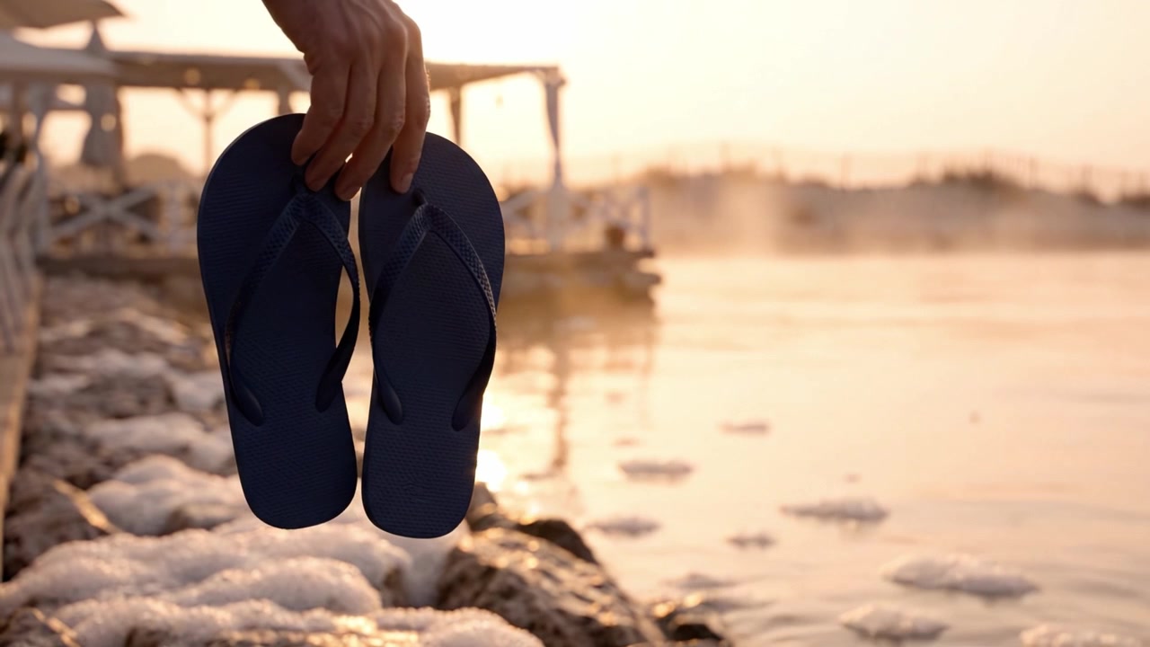 Una mano che tiene delle infradito affacciata su uno specchio d'acqua sereno al tramonto con la nebbia, a significare relax e svago in riva al mare.