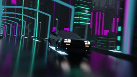 animation of car driving in neon lit city at night background