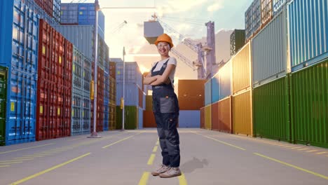 vista lateral completa del cuerpo de una trabajadora asiática que usa gafas de protección y casco de seguridad sonriendo y cruzando los brazos mientras está de pie en el almacén del patio de contenedores